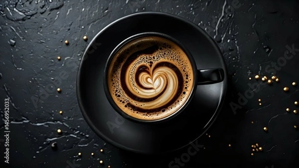 Obraz Indulge in the rich aroma and exquisite latte art of this expertly crafted coffee, presented on a sleek black saucer against a dark, textured background.