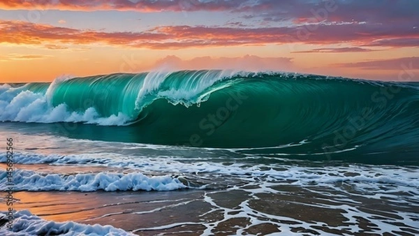 Obraz Majestic ocean wave breaking at sunset, vibrant teal water, dramatic sky.  Perfect for travel, nature, and ocean-themed projects.