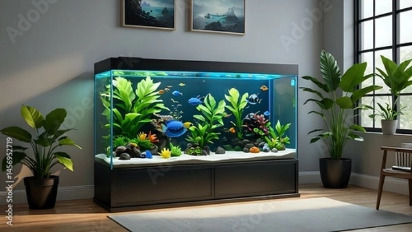 Obraz Modern home aquarium with colorful fish and lush plants, creating a serene and relaxing atmosphere. Perfect for interior design, home decor, or relaxation themes.