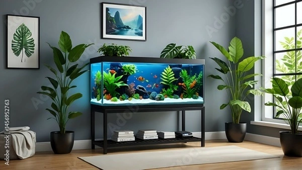 Obraz Modern home interior featuring a large aquarium with colorful fish, surrounded by lush green plants and stylish decor.  The scene evokes a sense of calm and tranquility.