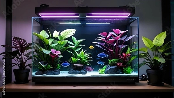 Obraz Serene aquarium scene with colorful fish and vibrant aquatic plants, illuminated by LED lights, adding a touch of nature to a modern interior.