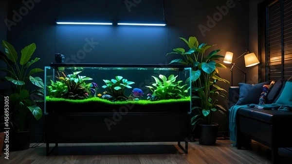 Obraz Modern living room interior with a large, planted aquarium featuring colorful fish, illuminated by LED lights, next to a stylish black sofa and lush houseplants.