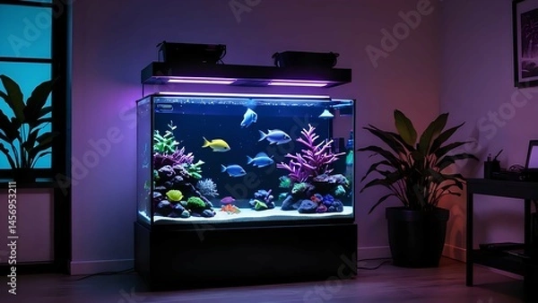 Obraz Modern home interior featuring a sleek, illuminated aquarium with vibrant fish and aquatic plants, creating a calming and stylish atmosphere.