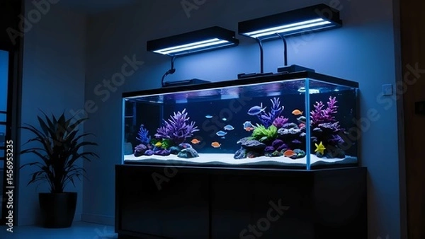 Obraz A large, modern aquarium filled with colorful fish and vibrant coral, illuminated by LED lights, sits in a contemporary home interior.