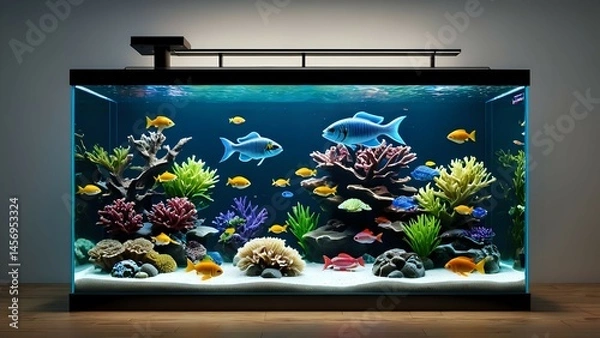 Obraz Vibrant aquarium scene with colorful fish, corals, and plants.  Ideal for home decor, relaxation, and aquatic themes.
