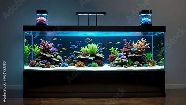 Obraz Vibrant, large saltwater aquarium with colorful fish and coral reef decorations, illuminated by LED lights, sitting on a dark stand in a modern home interior.