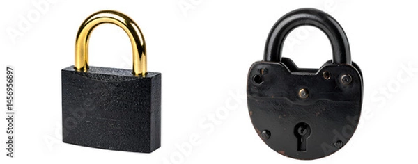 Fototapeta Black padlock with golden details on a white background