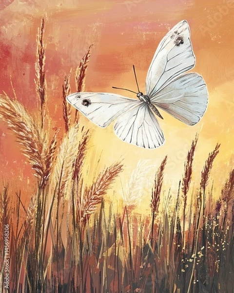 Fototapeta sketchbook drawing soft blend traditional pastel look butterfly A butterfly soaring above golden grass.
