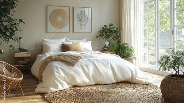 Fototapeta Serene bedroom interior featuring soft neutral tones and abundant natural light