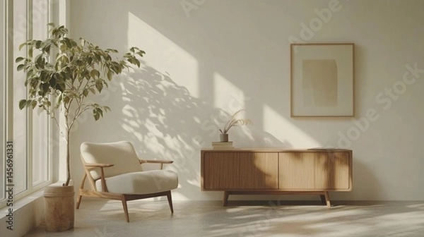 Fototapeta 3D rendering of a mockup white wall in a living room interior with an armchair and wooden table, plants on a sideboard against a window with copy space. Minimalist home design concept for a magazine.