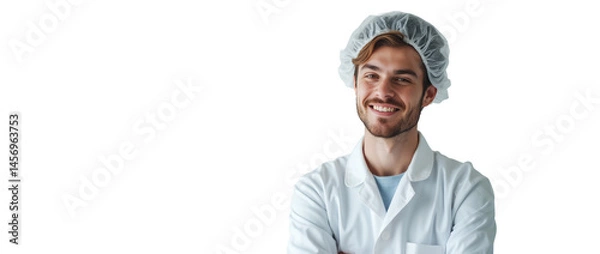 Fototapeta Biotechnology Scientist - A Portrait of a Young Man with His Hair Secured Under a Safety Cap Wearing Professional Laboratory Gear