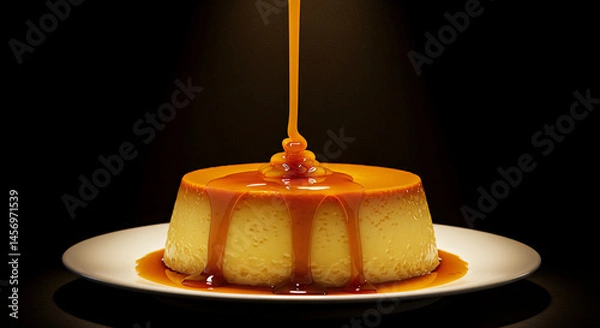 Obraz Dessert bar plating leche flan with caramel drizzle, syrup spread shown mid-pour under direct warm overhead spotlight

