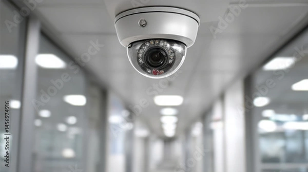 Fototapeta A white dome security camera is mounted on the ceiling of a bright hallway, providing surveillance and safety in a building environment for monito.