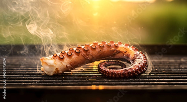 Obraz Flame-grilled octopus tentacle curling on charcoal grill, smoke wafting into golden hour sunlight

