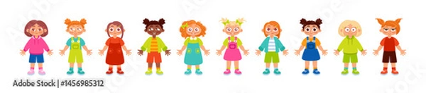 Fototapeta Vector illustration of nine diverse children standing in a row, each with unique clothing and hairstyles, showcasing a variety of colors and styles.