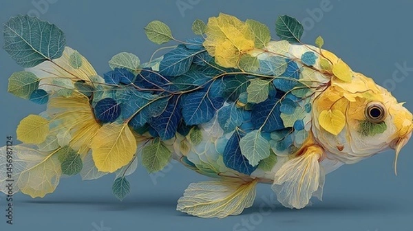 Obraz Imaginative Eco-Art Masterpiece Showcasing a Fantastical Fish Constructed from Vivid Yellow and Subtle Green Leaves in a Natural Fusion of Art and Life