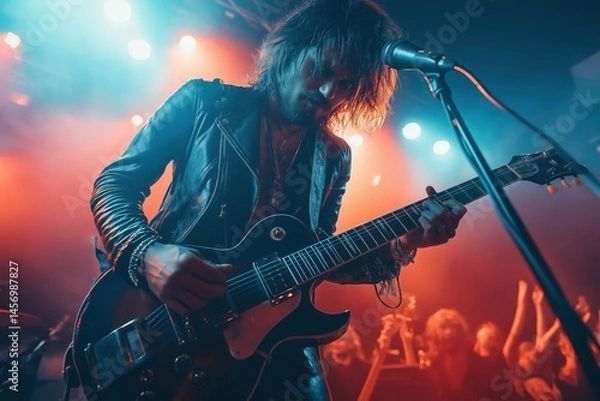 Fototapeta Fierce Rock Singer Caught Mid-Performance as Lights Blaze and Crowd Roars in Rhythm