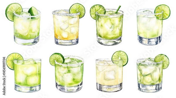 Fototapeta PNG Set of Tommy's Margarita cocktails with lime wedges and ice cubes in short transparent glasses. Watercolor illustration on black background. Assorted tequila and lime drinks 