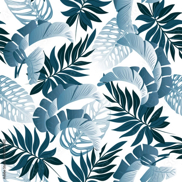Fototapeta Seamless pattern with blue tropical leaves plants. Botanical elegant decorative vector in watercolor style