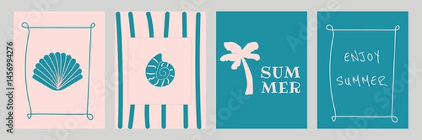 Fototapeta Summer poster set with seashell, palm. Vector illustration