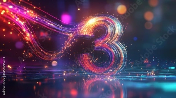 Fototapeta Abstract dynamic number three design with vibrant colors and glowing particles