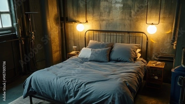 Fototapeta A Cozy Bedroom Features Simple Bedding And Ambient Lighting