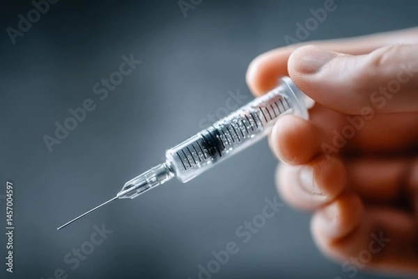 Fototapeta Syringe with solution held in hand, ready for injection, medication, healthcare, treatment, and immunizations on muted background