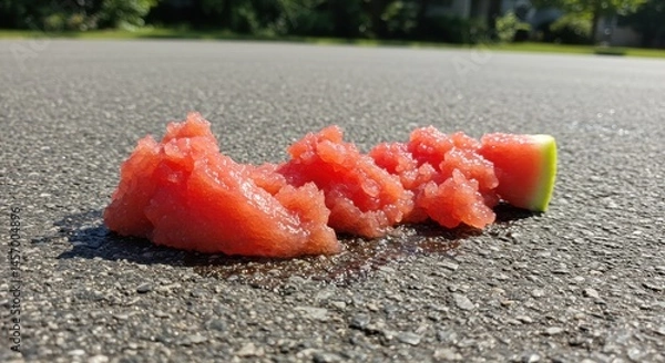 Fototapeta Watermelon pieces scattered on a sunlit asphalt road, with greenery in the background - mushy watermelon