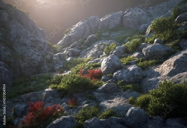 Fototapeta Captivating sunrise over rugged rocks, revealing vibrant greenery and splashes of red along the slope in a tranquil wilderness setting