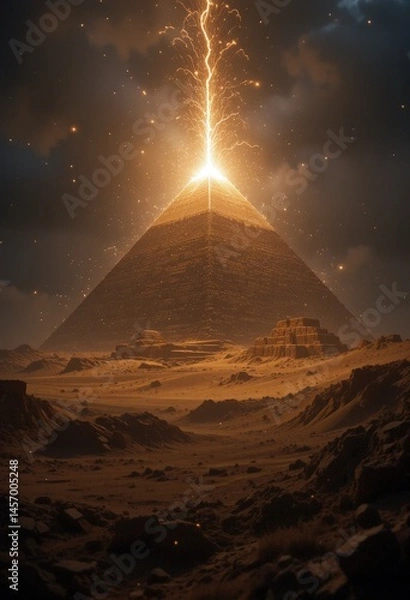 Fototapeta Majestic pyramid illuminated by thunderous lightning during a dramatic storm at dusk over the ancient landscape