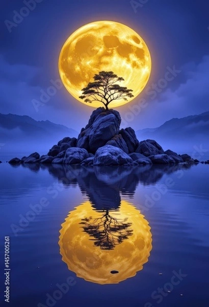 Fototapeta Majestic full moon illuminates a solitary tree atop a rock formation reflecting in calm water at twilight