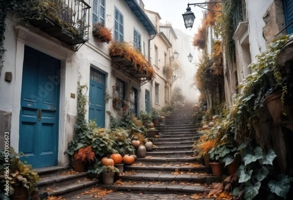 Fototapeta Charming cobblestone alley adorned with vibrant foliage and pumpkins on a misty autumn morning