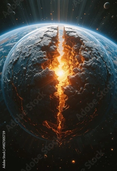 Fototapeta Celestial awakening as a fractured planet reveals a radiant core in the depths of space