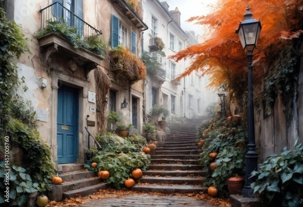 Fototapeta Charming autumn alley adorned with pumpkins and vibrant foliage on a misty morning