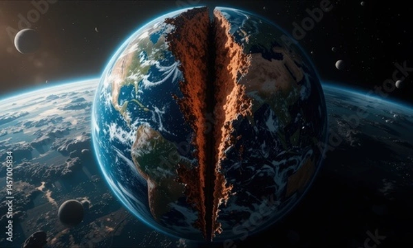 Fototapeta Exploring a surreal vision of Earth split in two amidst a cosmic backdrop filled with celestial wonders