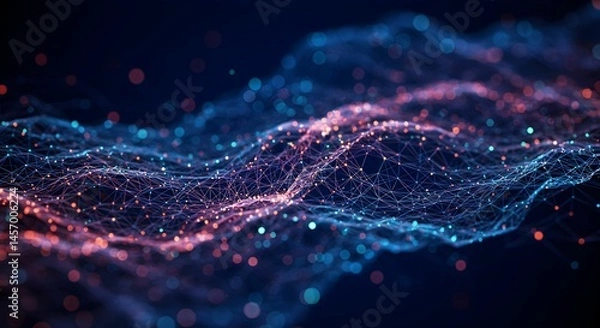Fototapeta Futuristic digital wave of interconnected glowing nodes and lines, forming a complex network of points in space. 