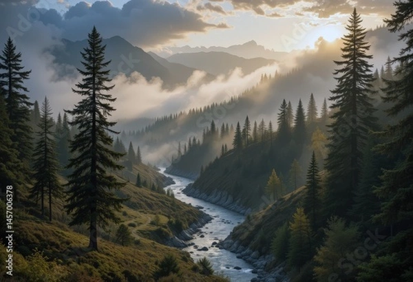 Fototapeta Serene river winding through misty mountains at dawn light in a tranquil forest landscape