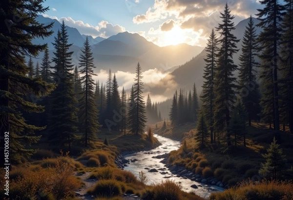 Fototapeta Morning mist envelops a serene forest landscape with a flowing river under a golden sky