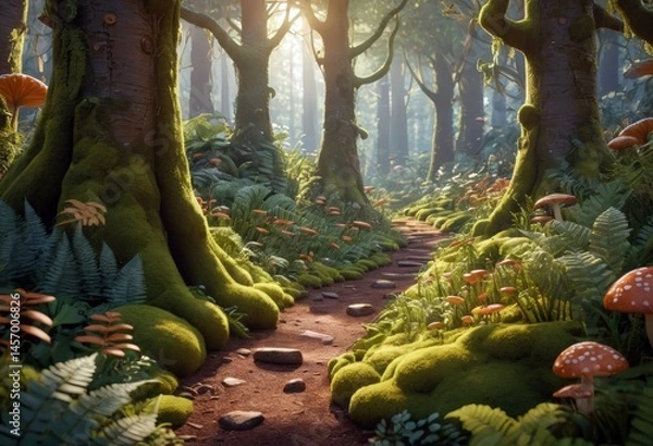 Fototapeta Whispers of magic in a sun-drenched enchanted forest filled with vibrant flora and winding pathways