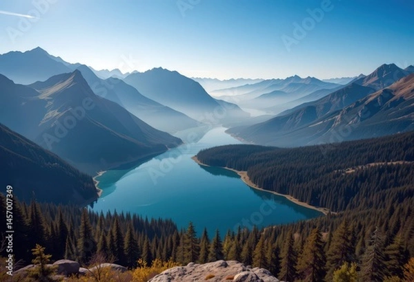 Fototapeta Majestic mountain landscape at dawn with a tranquil lake reflecting the sky and distant peaks in perfect harmony