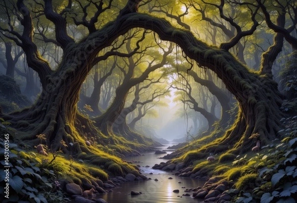 Fototapeta Enchanted forest with sun rays filtering through ancient trees beside a tranquil stream at dawn