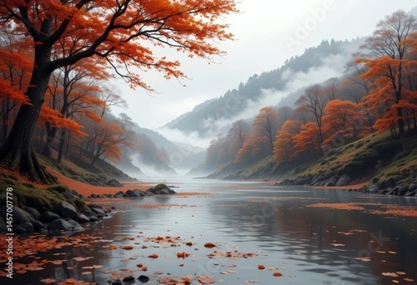 Fototapeta Autumn's vibrant embrace along a tranquil river in a misty forest at dawn reveals nature's rich palette of colors