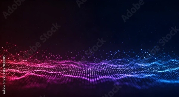 Fototapeta Futuristic digital wave of interconnected glowing nodes and lines, forming a complex network of points in space. 