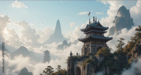Fototapeta Majestic ancient temple rises above clouds in serene mountain landscape at dawn