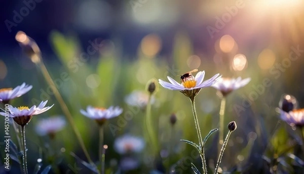 Fototapeta Buzzing bee collecting nectar from delicate daisies in a sunlit spring meadow full of blossoming flowers and vibrant greenery