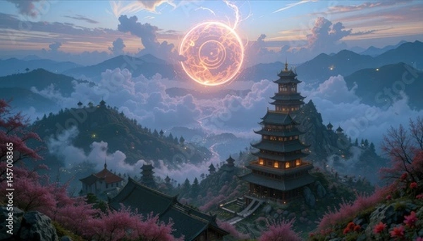 Fototapeta Mystical landscape at twilight with ancient pagoda amidst cherry blossoms and swirling clouds