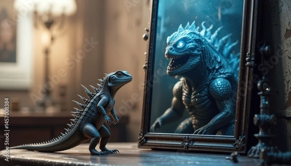 Fototapeta Dinosaurs meet fantasy in a unique reflection of a creature from another realm in a vintage setting filled with mystery