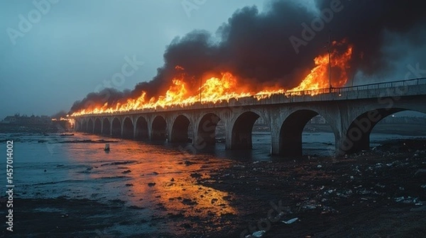 Obraz Burning bridge over water