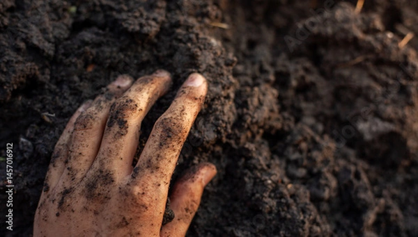 Fototapeta Soil and rice plants for cultivation, tree care, farmers. Expert hands are examining the soil in his field.