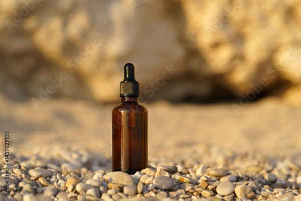 Fototapeta Brown mockup of a glass jar of serum with a dropper on a small pebble on the beach. Concept of natural cosmetics for face care, wrinkle reduction, moisturizing. Image for your design